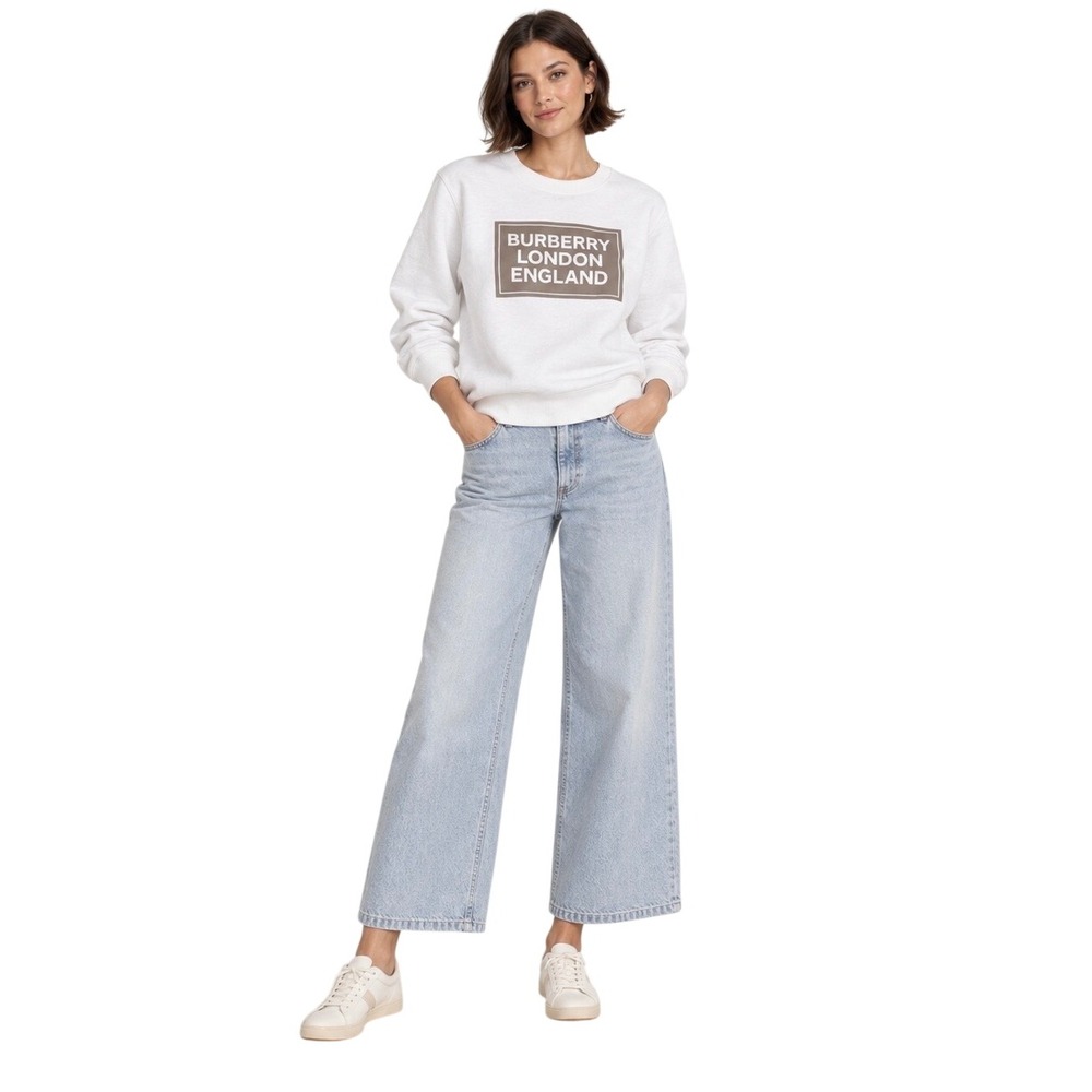 Burberry Santo Logo Sweatshirt White Taupe Crewneck Women Est M Authentic